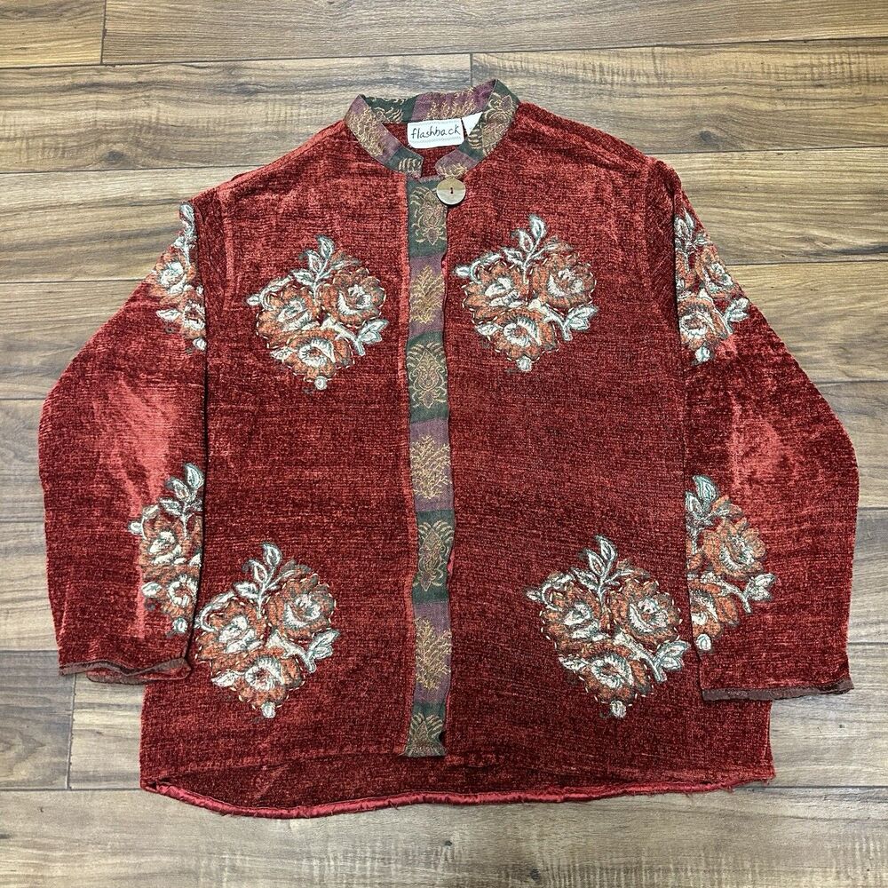 Vintage Flashback Red  Flower Embroidered Jacket Sz Large Aztec Sweater
